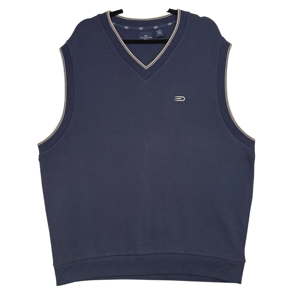 Dockers XL Sweater Vest‎ Navy Blue Golf Cotton V-Neck Sleeveless Pullover Preppy